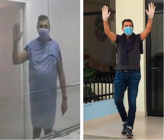 A la izquierda, una imagen de Claudio Pasqualini cuando comenzó su hospitalización; a la derecha, el día en que fue dado de alta.