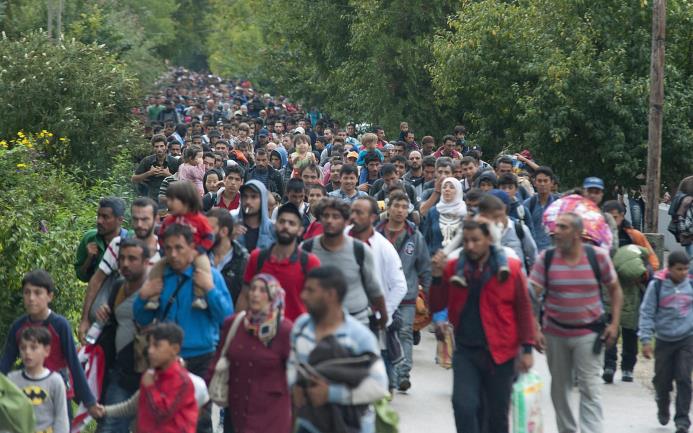 Decenas de refugiados caminan hacia Austria en Hegyeshalom, a 168 kilómetros de Budapest, Hungría, el 14 de septiembre de 2015. 