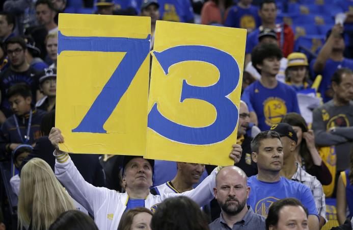 Un aficionado sostiene un cartel con el número 73, antes del incio del partido de los Warriors de Golden State ante los Grizzlies de Memphis.