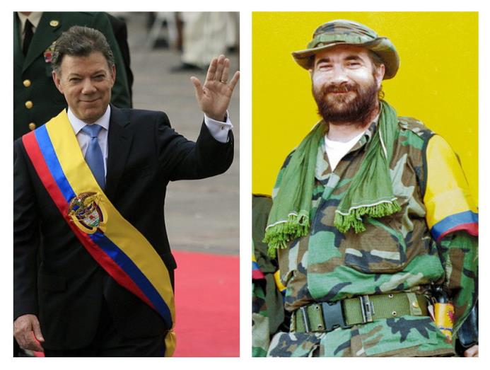 El presidente colombiano, Juan Manuel Santos y Rodrigo Londoño Echeverry, alias “Timochenko”