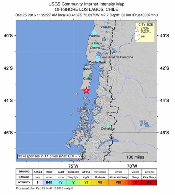 CHILE. Mapa del sur de Chile que muestra el epicentro.