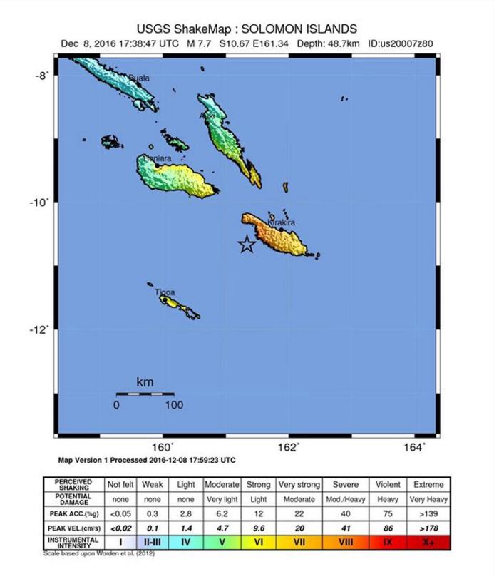 Mapa facilitado por el Centro Geológico de Estados Unidos (USGS) hoy, 8 de diciembre de 2016 de un terremoto de magnitud 7,7 cerca de las Islas Salomon. 