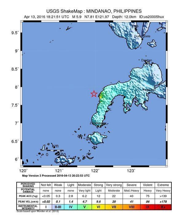 Fotografía facilitada por la Agencia de Supervisión Geológica de EE.UU. hoy, 14 de abril de 2016, de la localización de un terremoto de magnitud 5,9 grados en la escala de Richter registrado de madrugada la isla de Mindanao, en el sur de Filipinas.