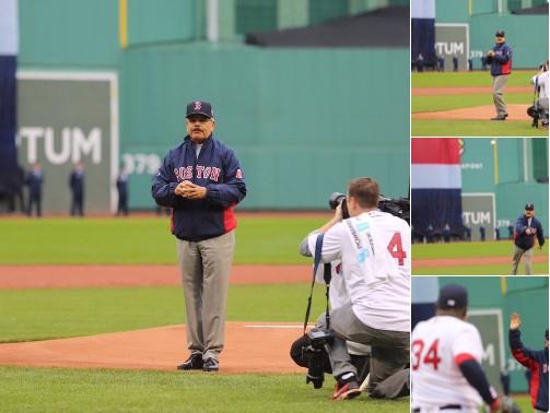 El presidente Danilo Medina lanza la primera bola previo al partido de Toronto frente a Boston. David Ortiz fue el receptor de honor.