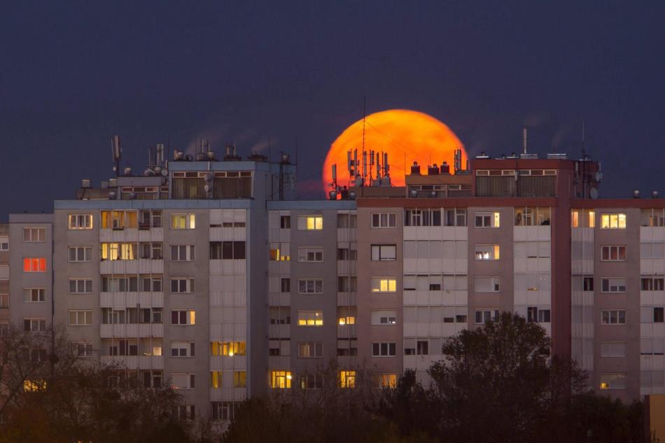 HUNGRÍA. Vista de un grupo de edificios con el fondo de la superluna hoy, lunes 14 de noviembre de 2016, en Nagykanizsa, a 208 kilómetros al suroeste de Budapest, Hungría. 