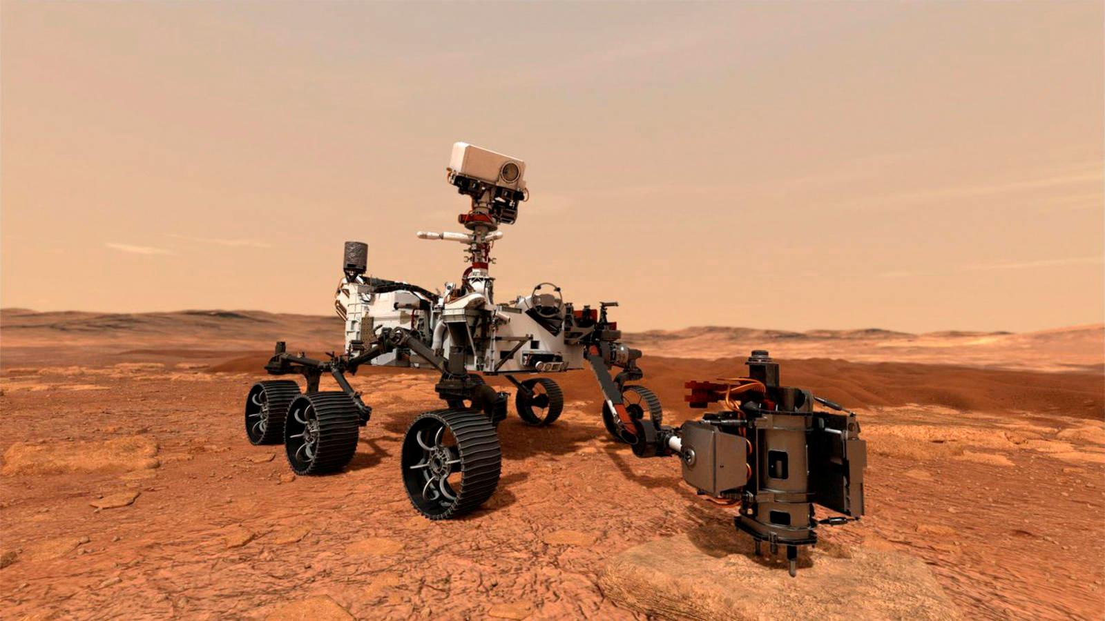 The diligent rover travels its first meter to the surface of Mars