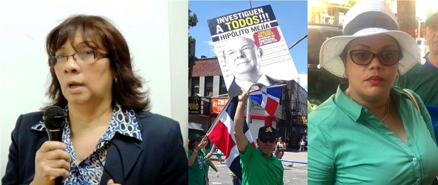  A la izquierda, Margarita Pichardo, secretaria general del PRM, en Nueva Yor, se desvincula de la pancarta expuesta contra Hipólito Mejía.